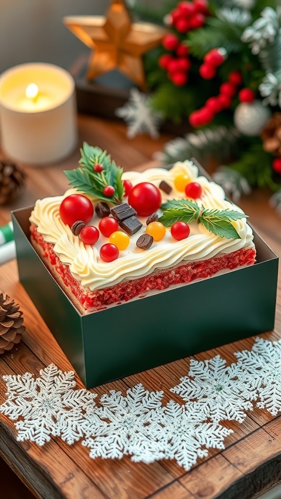 A festive Christmas cake bento box with colorful cake layers and holiday decorations.
